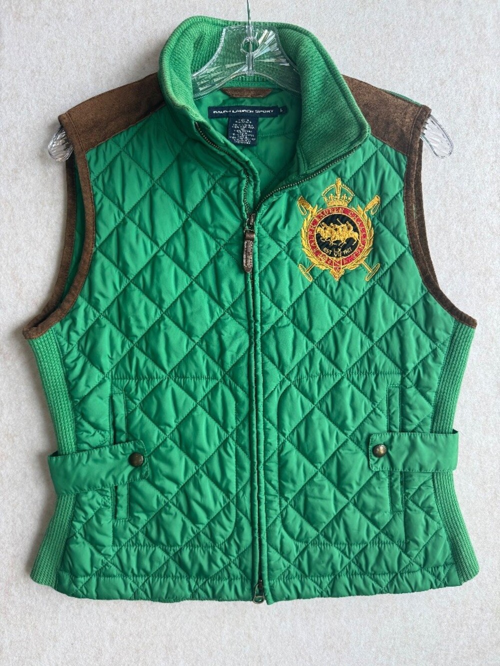 Ralph Lauren Sport Women L Green Quilted Equestrian Vest Crest Suede Trim